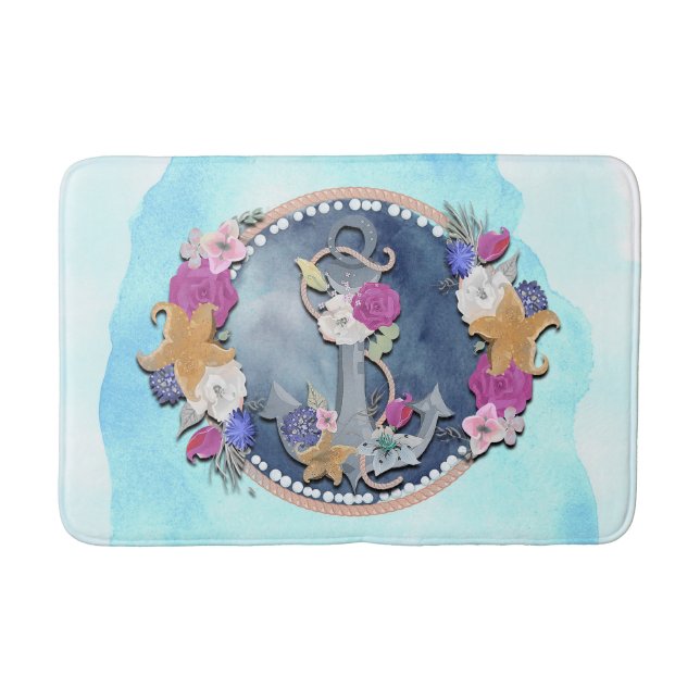 Alfombrilla De Baño Azul acuarela Anclaje floral nauético moderno (Anverso)