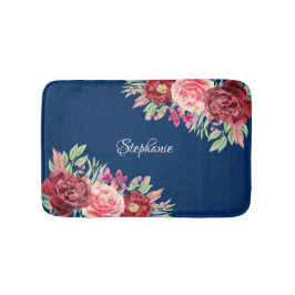 Alfombrilla De Baño Azul de la Marina Floral de Borgoña