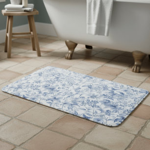 Alfombrilla De Baño Azul Floral Vintage Toile Elegante