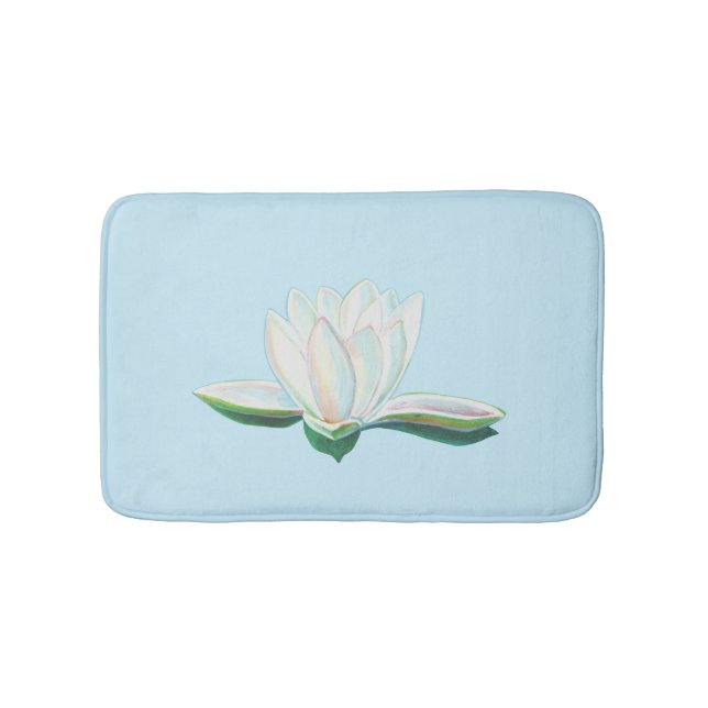 Alfombrilla De Baño Azul Ilustracion de flores blanco Lotus (Anverso)