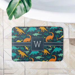 Alfombrilla De Baño Azul marino | Monograma de patrón de dinosaurio cu