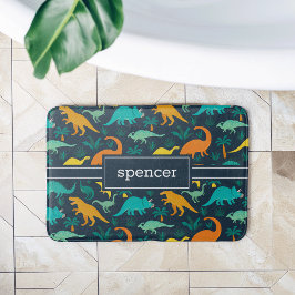 Alfombrilla De Baño Azul marino | Nombre del patrón de dinosaurios col