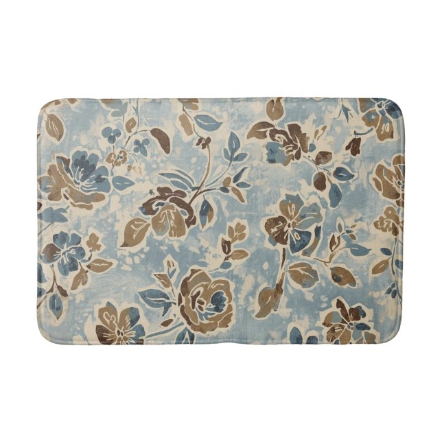 Alfombrilla De Baño Azul Marrón Beige Floral Rústico (Anverso)
