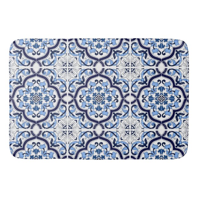Alfombrilla De Baño  Azul Ornate Floral Mediterráneo Siciliano Tile Sh (Anverso)