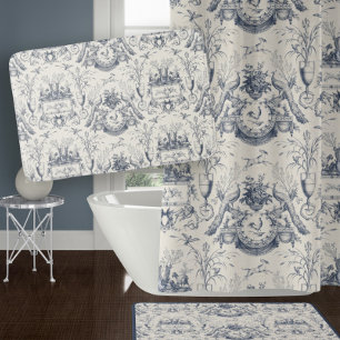 Alfombrilla De Baño Azul Pavo Real Toile Francés Gallo Vintage y Conej