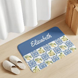 Alfombrilla De Baño Azulejo Azul Francés Country Limón Nombre Personal