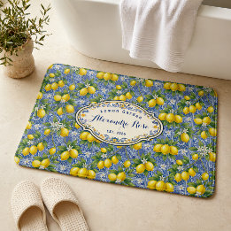 Alfombrilla De Baño Azulejo Azul Nombre Monograma País Francés Limón