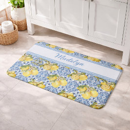 Alfombrilla De Baño Azulejo Blanco Azul Nombre Patrón Limón Mediterrán