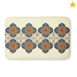 Alfombrilla De Baño Azulejo Español Floral Patrón Naranja Azul