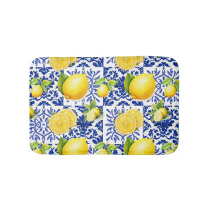 Alfombrilla De Baño Azulejo Patrón Limón Blanco Azul Mediterráneo Cítr