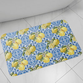 Alfombrilla De Baño Azulejos Azules Patrón de Limón Mediterráneo
