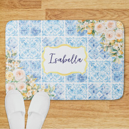 Alfombrilla De Baño Azulejos Flor de Limón Mediterráneos Azules Monogr