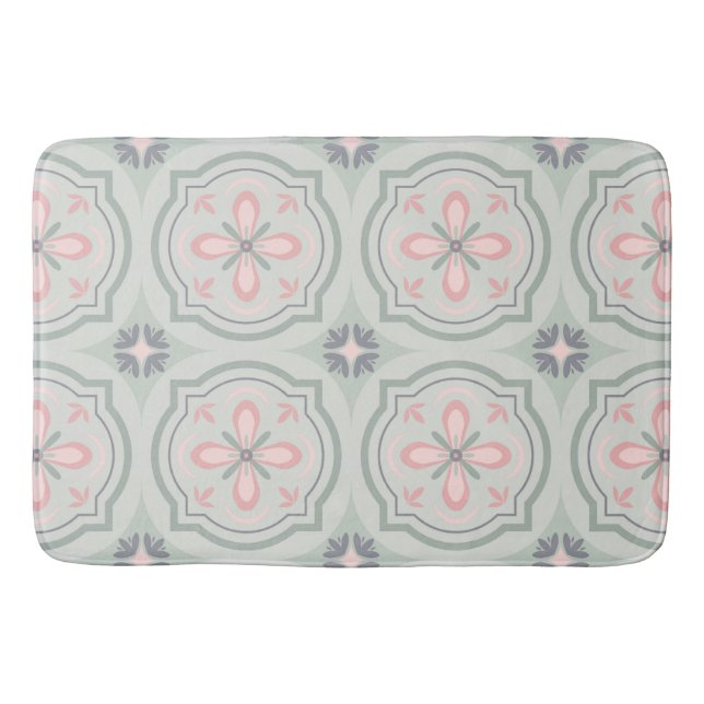 Alfombrilla De Baño Azulejos Florales Verde Pastel (Anverso)