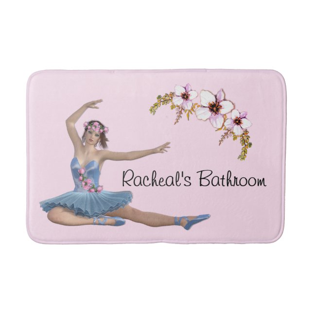 Alfombrilla De Baño Ballerina en rosa con nombre personal azul (Anverso)