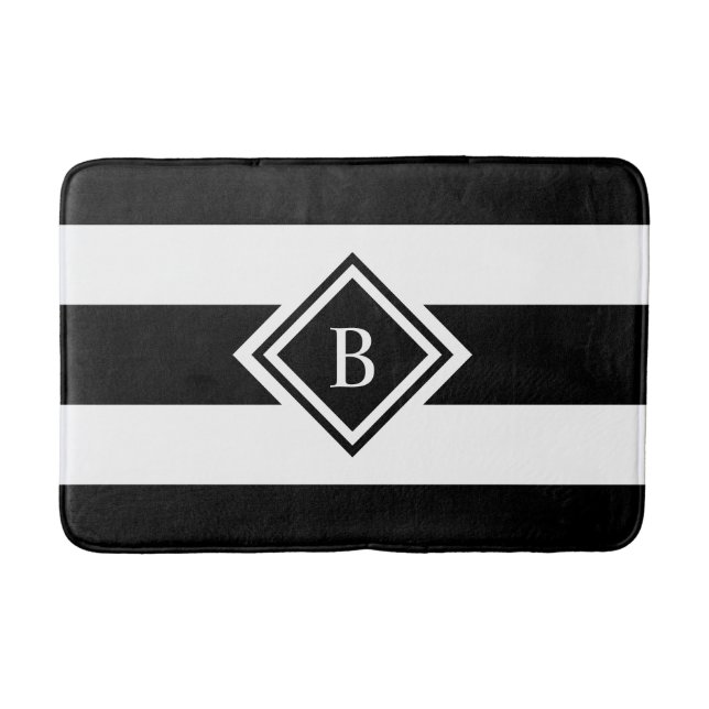 Alfombrilla De Baño Bandas modernas en blanco y negro monogramadas (Anverso)