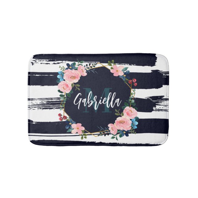 Alfombrilla De Baño Bandas Y Monograma Floral (Anverso)