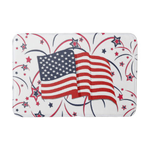 Alfombrilla De Baño Bandera americana y fuegos artificiales