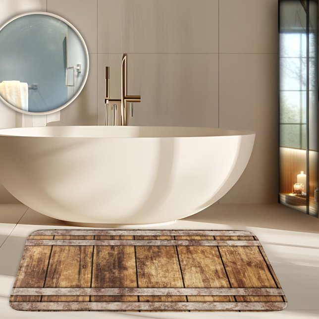 Alfombrilla De Baño Barril industrial de vino de maderas rusas (Industrial wine barrel design bath mat with weathered wood and rustic metal)