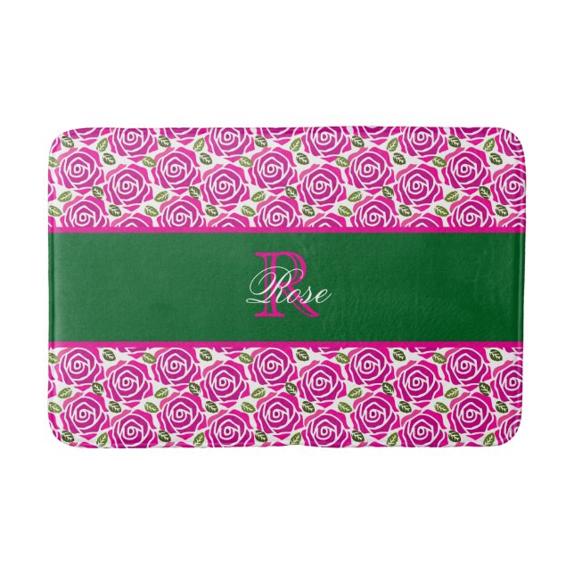 Alfombrilla De Baño Beautiful Modern Hot Pink Magenta Roses Monogram  (Anverso)