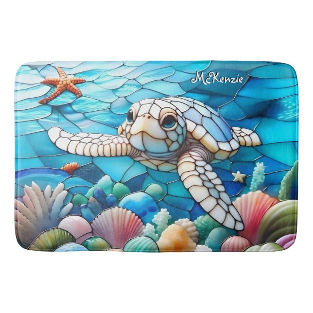 Alfombrilla De Baño Bella Bebé Blanca Tortuga Nadando (Anverso)