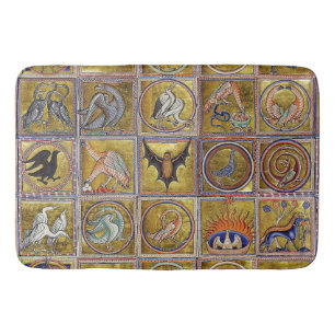 ALFOMBRILLA DE BAÑO BESTIARIO MEDIEVAL, ANIMALES FANTÁSTICOS, AZUL ROJ