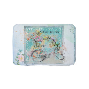 Alfombrilla De Baño Bicicleta con cestas de flores en la burlap azul
