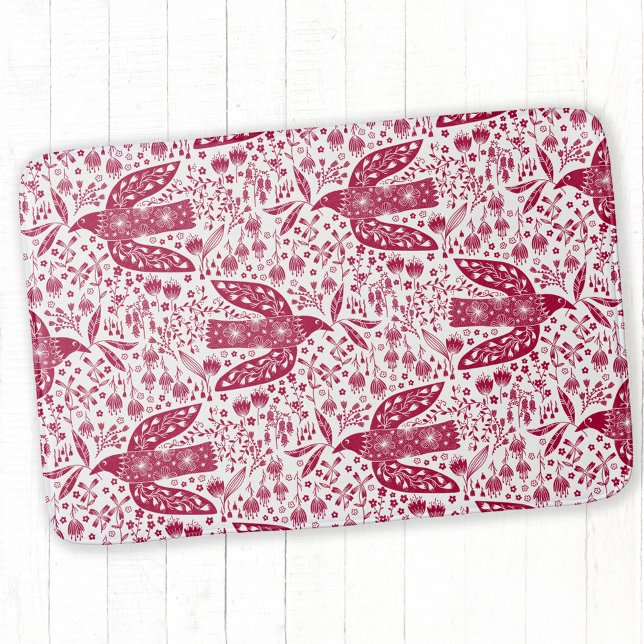 Alfombrilla De Baño Bird Art Red White (Red and white dove bird folk art  bathmat)
