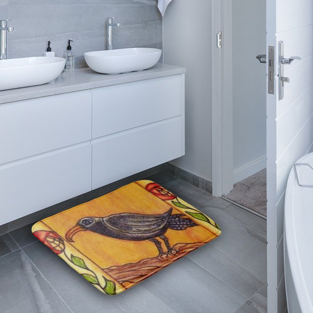 Alfombrilla De Baño Black Crow Art Deco Rosas Arte Popular (Black crow on branch with red flowers on stem on golden yellow bath rug.)
