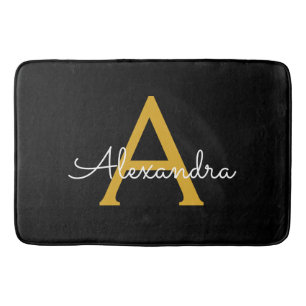 Alfombrilla De Baño Black Gold Modern Script Girly Monograma Nombre