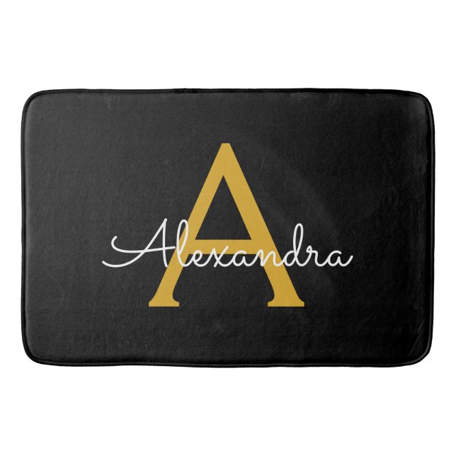 Alfombrilla De Baño Black Gold Modern Script Girly Monograma Nombre (Anverso)