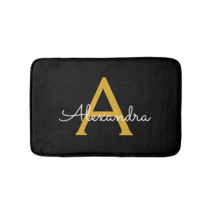 Alfombrilla De Baño Black Gold Modern Script Girly Monograma Nombre