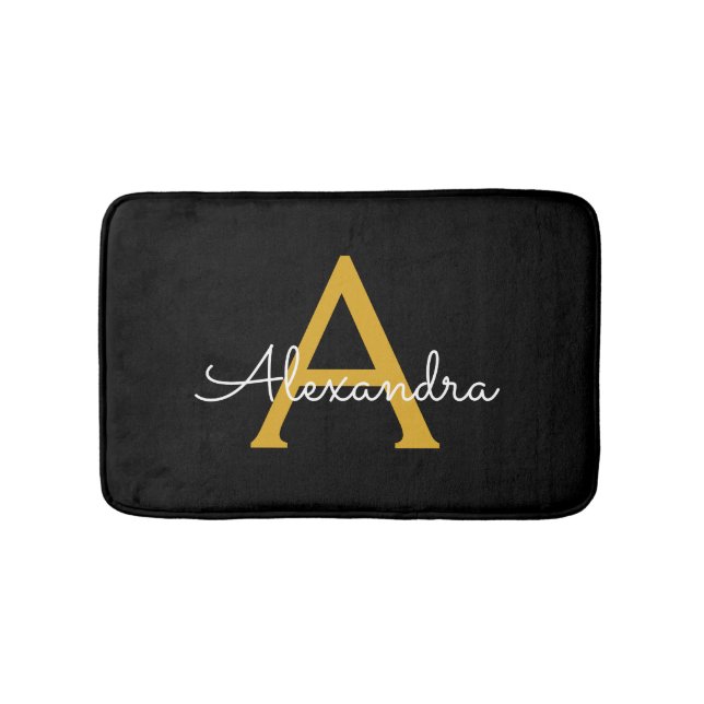 Alfombrilla De Baño Black Gold Modern Script Girly Monograma Nombre (Anverso)