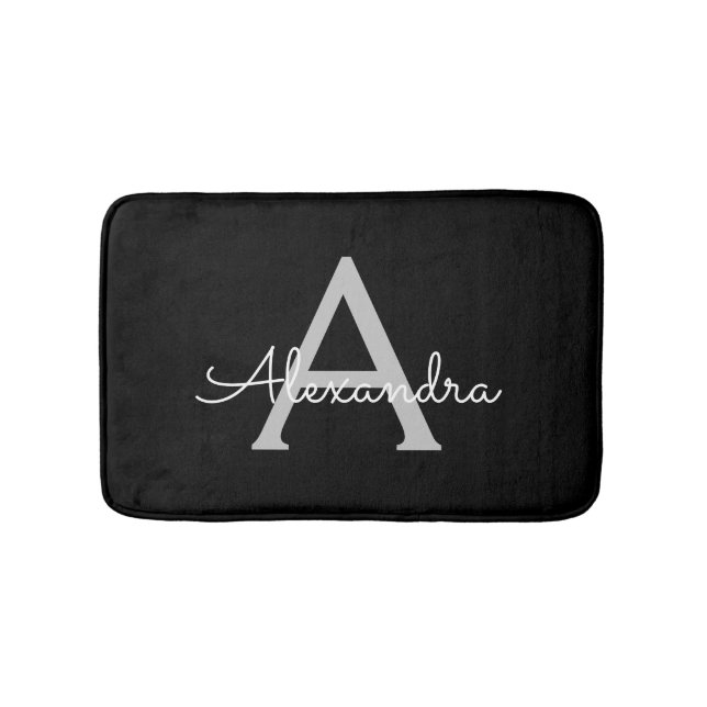 Alfombrilla De Baño Black Silver Modern Script Girly Monograma Nombre (Anverso)