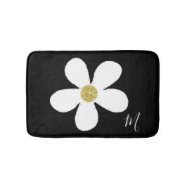 Alfombrilla De Baño Black White Daisy Simple Floral Gold