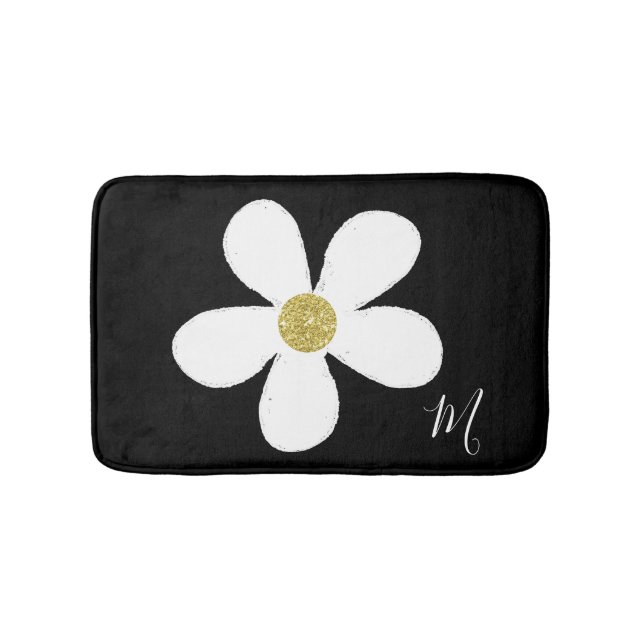Alfombrilla De Baño Black White Daisy Simple Floral Gold (Anverso)