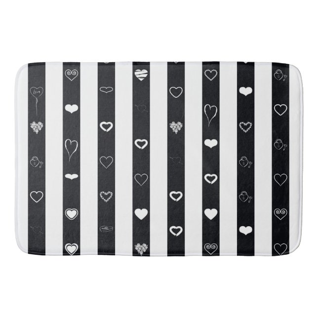 Alfombrilla De Baño Black White Stripes Modern Heart Pattern (Anverso)