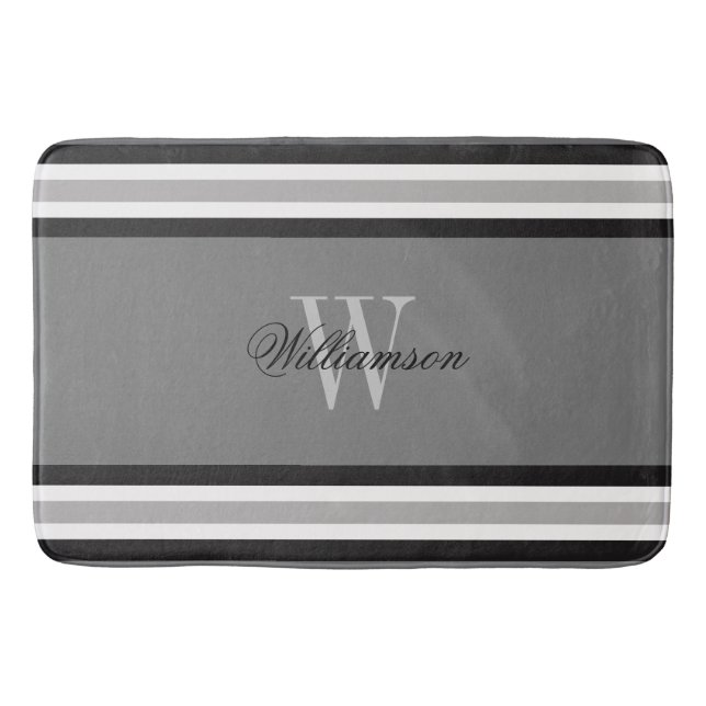 Alfombrilla De Baño Blanco negro y rayado gris monogramado (Anverso)