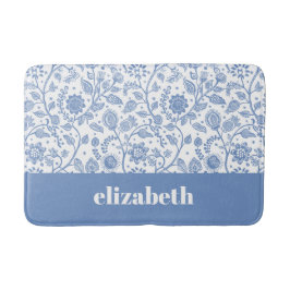 Alfombrilla De Baño Blue and White Floral Custom Name Botanical Modern