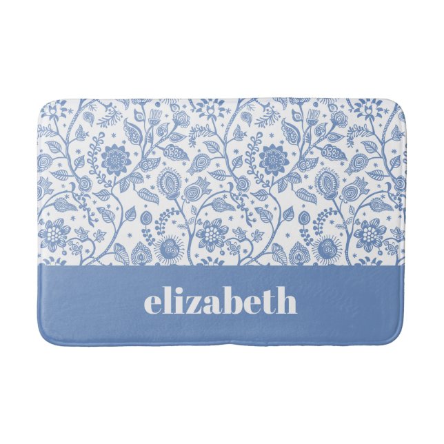 Alfombrilla De Baño Blue and White Floral Custom Name Botanical Modern (Anverso)