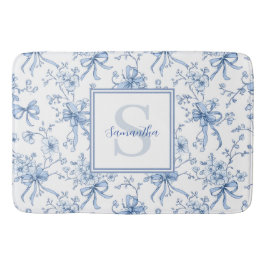 Alfombrilla De Baño Blue Floral French Toile Monogram Name 