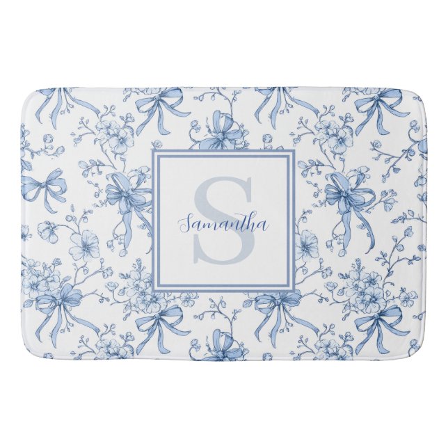 Alfombrilla De Baño Blue Floral French Toile Monogram Name  (Anverso)