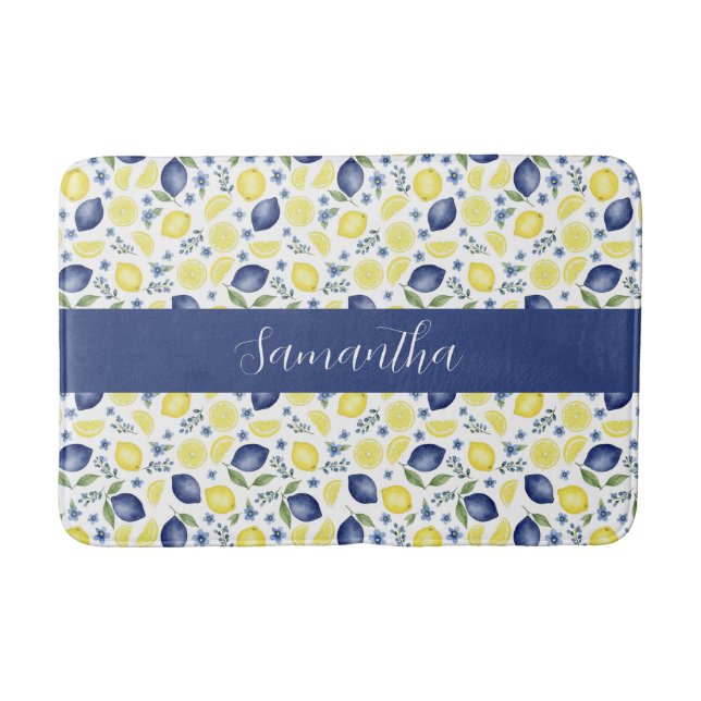 Alfombrilla De Baño Blue French Country Lemon Pattern Monogram Name (Anverso)