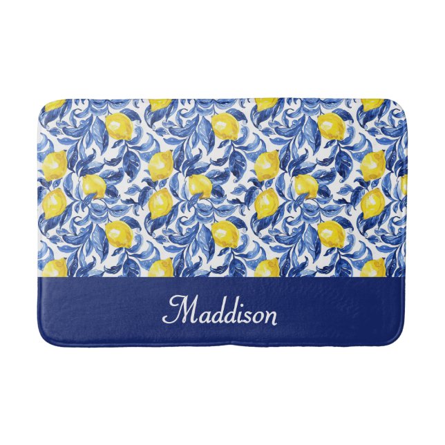 Alfombrilla De Baño Blue French Country Lemon Pattern Monogram Name (Anverso)