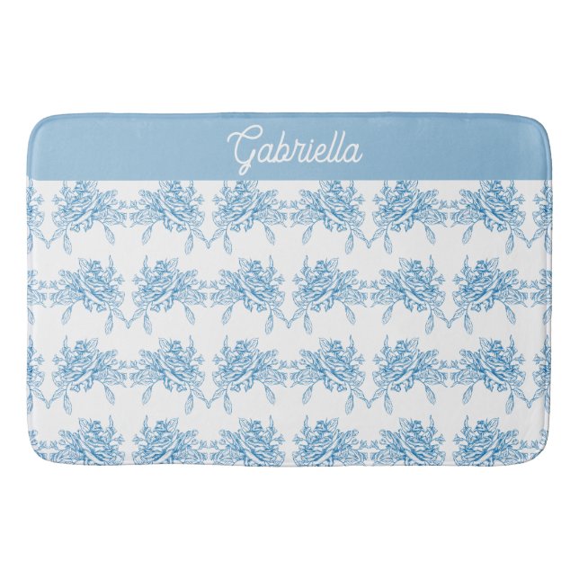 Alfombrilla De Baño Blue French Toile Floral Pattern Name (Anverso)