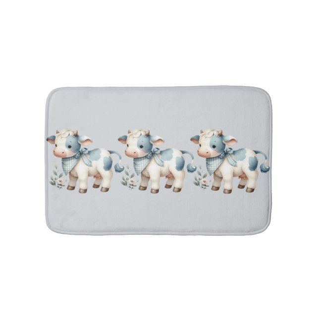 Alfombrilla De Baño Blue Gingham Baby Cow Pastel Farm Aesthetic (Anverso)