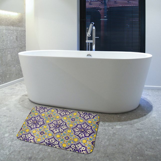 Alfombrilla De Baño Blue Mediterranean Pattern Yellow Blossoms (Subido por el creador)