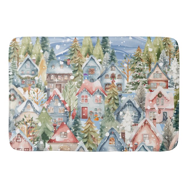 Alfombrilla De Baño Blue Mountain Snowy Winter Village (Anverso)
