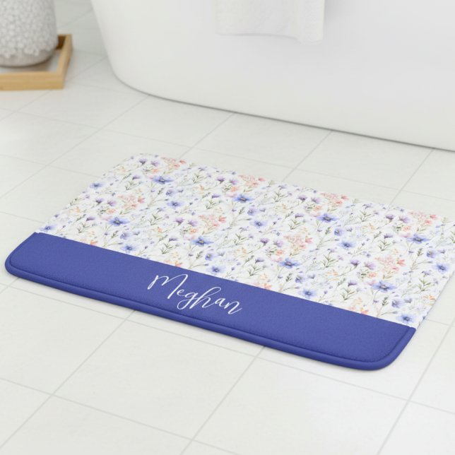 Alfombrilla De Baño Blue Purple Watercolor Wildflower Name Monogram (Subido por el creador)
