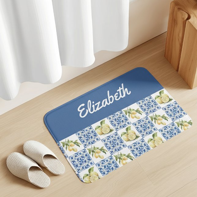 Alfombrilla De Baño Blue Tile French Country Lemon Custom Name (Subido por el creador)