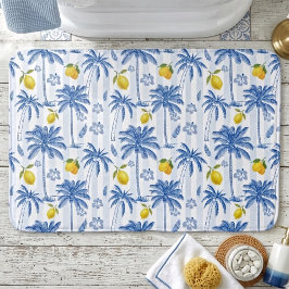 Alfombrilla De Baño Blue Toile Palm Trees Lemons 
